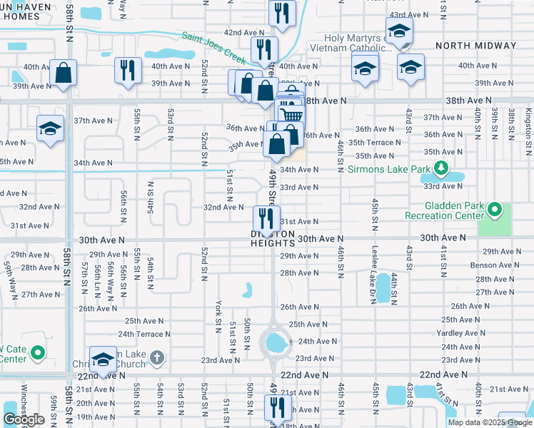 map of restaurants, bars, coffee shops, grocery stores, and more near 3211 50th Street North in St. Petersburg
