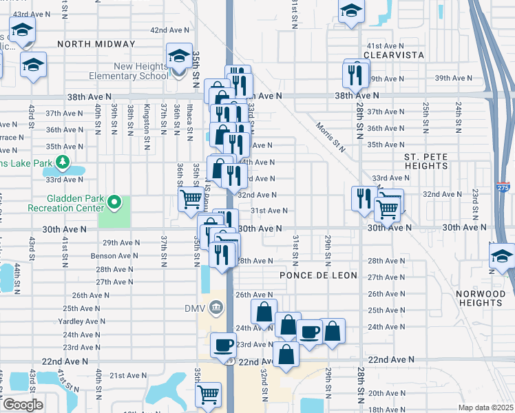 map of restaurants, bars, coffee shops, grocery stores, and more near 3312 32nd Avenue North in St. Petersburg