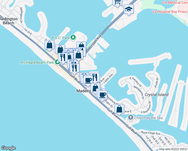 map of restaurants, bars, coffee shops, grocery stores, and more near 14839 North Bayshore Drive in Madeira Beach