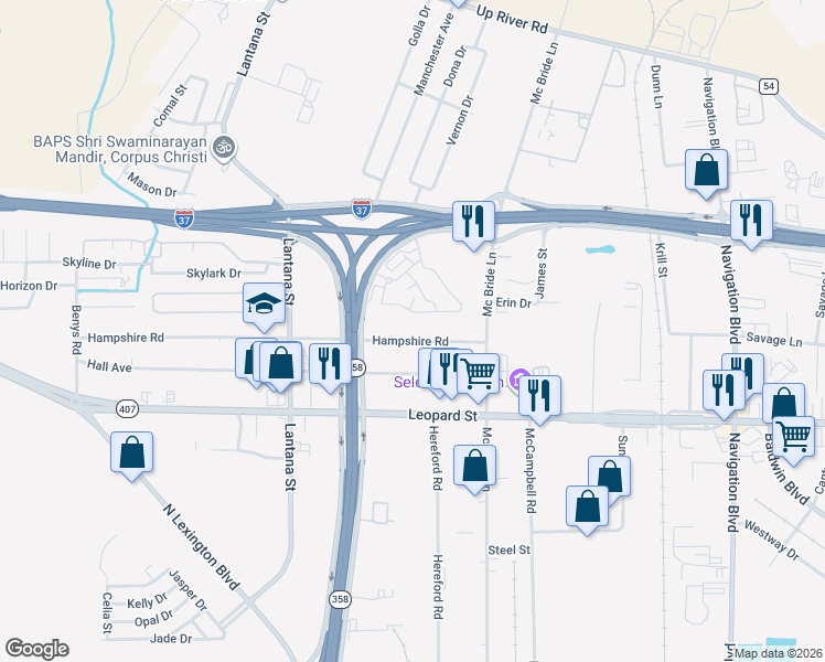 map of restaurants, bars, coffee shops, grocery stores, and more near 2240 North Padre Island Drive in Corpus Christi