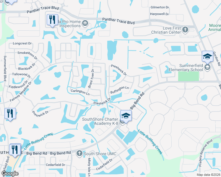 map of restaurants, bars, coffee shops, grocery stores, and more near 12101 Feldwood Creek Lane in Riverview