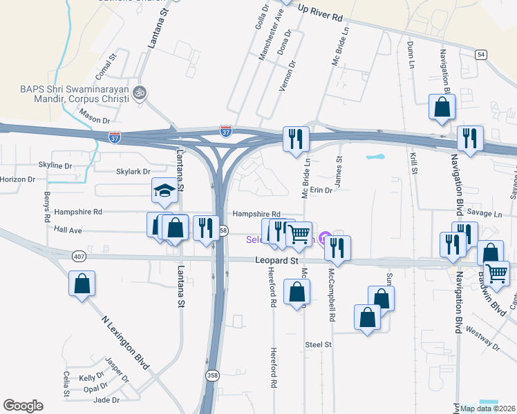 map of restaurants, bars, coffee shops, grocery stores, and more near 2240 North Padre Island Drive in Corpus Christi