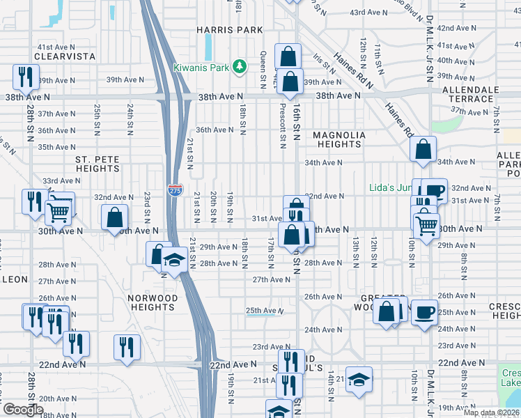 map of restaurants, bars, coffee shops, grocery stores, and more near 1732 32nd Avenue North in St. Petersburg