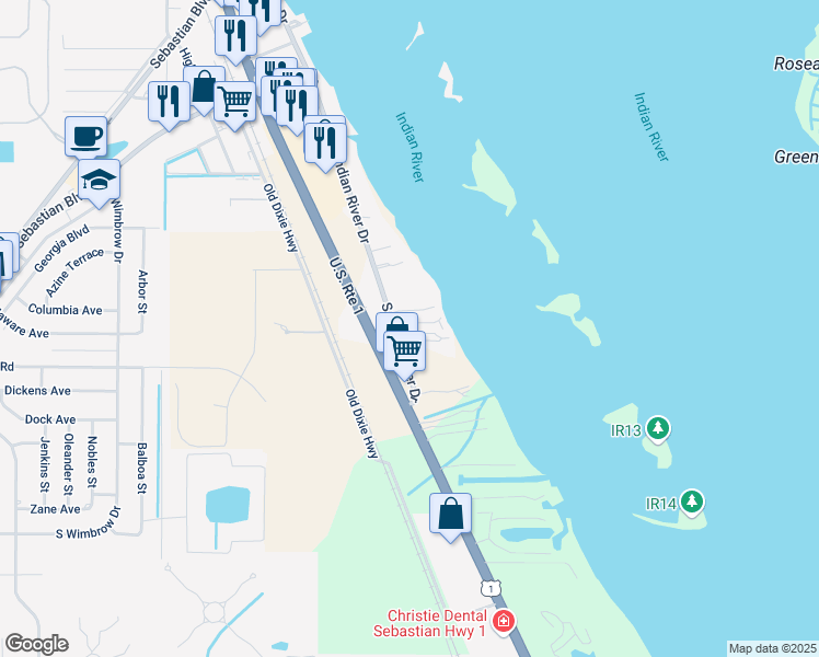 map of restaurants, bars, coffee shops, grocery stores, and more near 11330 South Indian River Drive in Sebastian