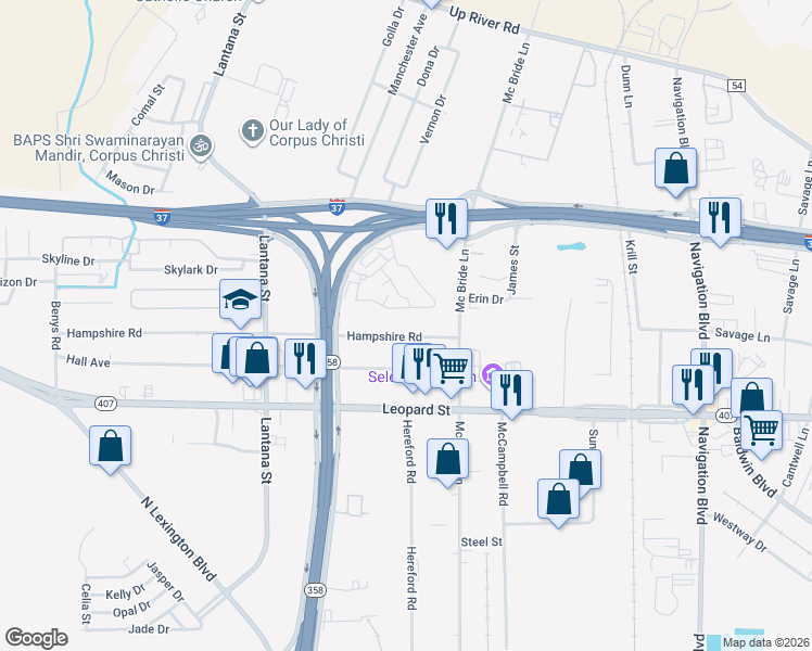 map of restaurants, bars, coffee shops, grocery stores, and more near 5526 Hampshire Road in Corpus Christi