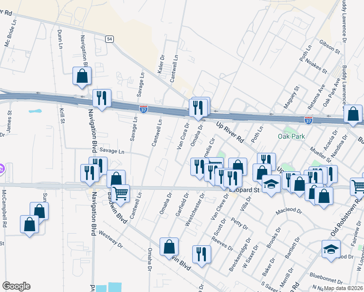 map of restaurants, bars, coffee shops, grocery stores, and more near 847 Omaha Drive in Corpus Christi