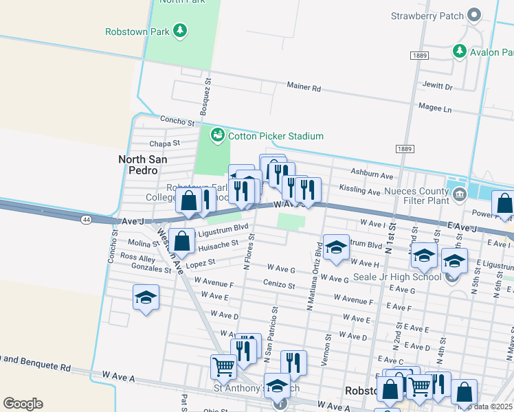 map of restaurants, bars, coffee shops, grocery stores, and more near in Robstown