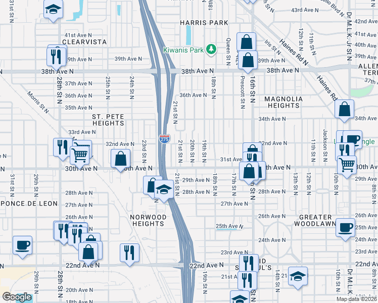 map of restaurants, bars, coffee shops, grocery stores, and more near 2012 32nd Avenue North in St. Petersburg