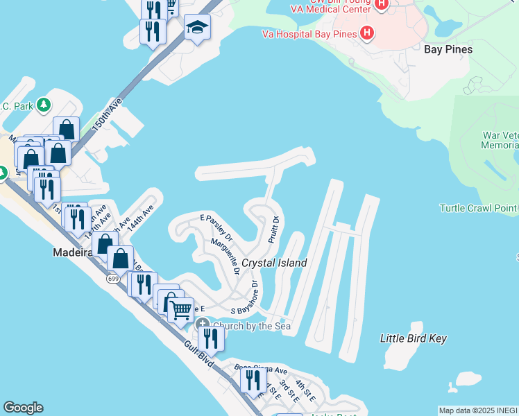 map of restaurants, bars, coffee shops, grocery stores, and more near 749 Pruitt Drive in Madeira Beach