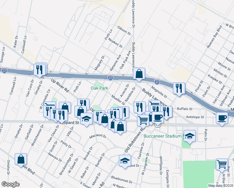 map of restaurants, bars, coffee shops, grocery stores, and more near 933 Acacia Drive in Corpus Christi