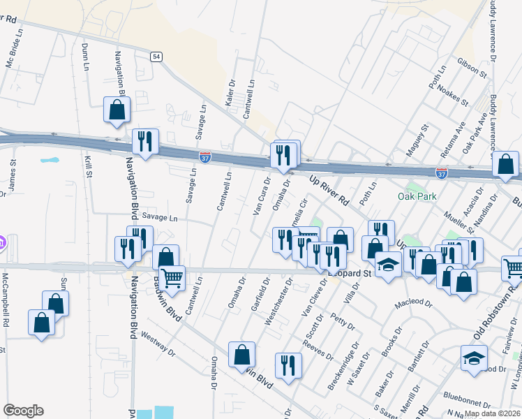map of restaurants, bars, coffee shops, grocery stores, and more near 847 Omaha Drive in Corpus Christi