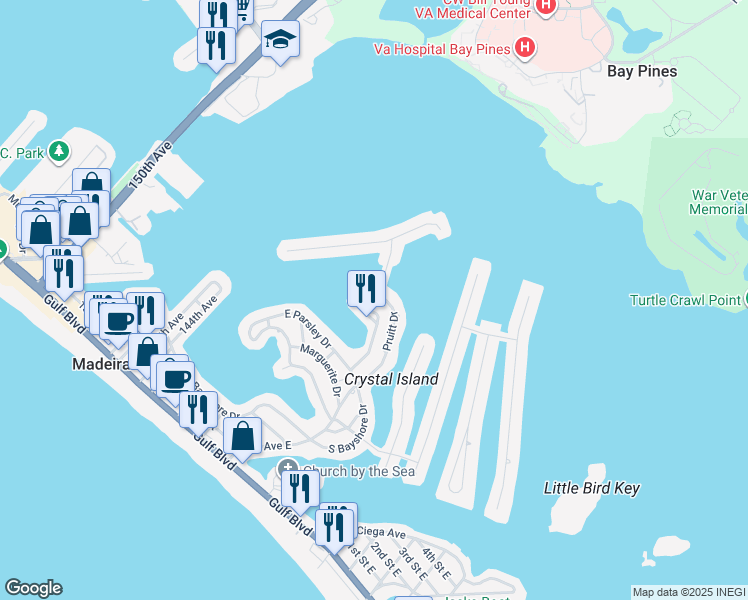 map of restaurants, bars, coffee shops, grocery stores, and more near 746 Pruitt Drive in Madeira Beach