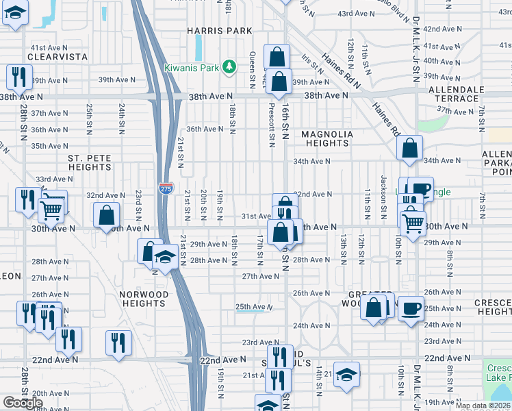 map of restaurants, bars, coffee shops, grocery stores, and more near 3134 17th Street North in St. Petersburg