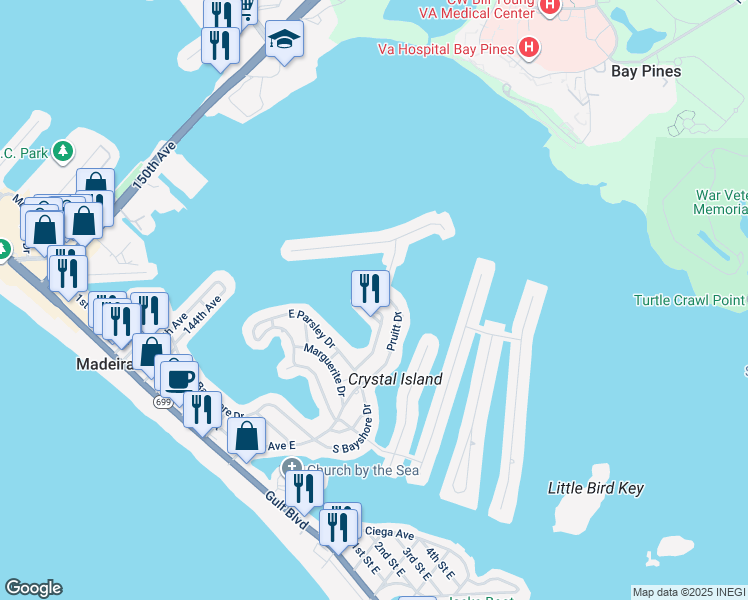 map of restaurants, bars, coffee shops, grocery stores, and more near 749 Pruitt Drive in Madeira Beach