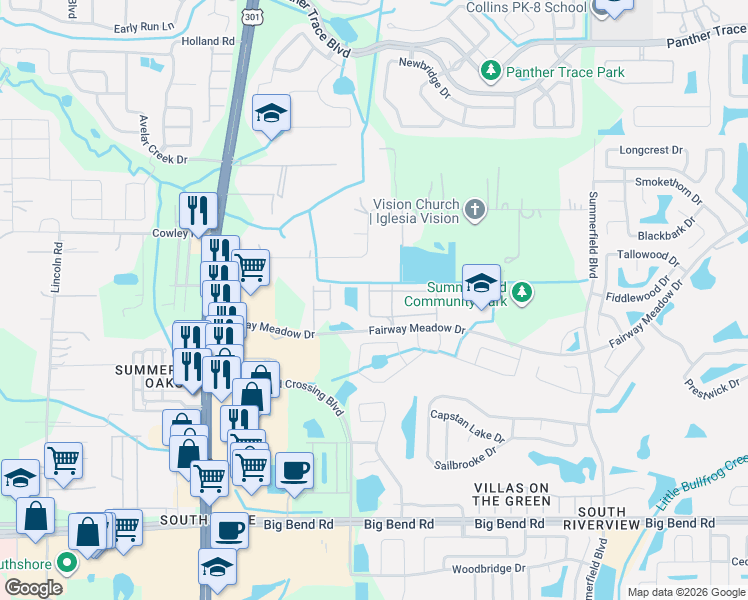 map of restaurants, bars, coffee shops, grocery stores, and more near 10810 Brickside Court in Riverview