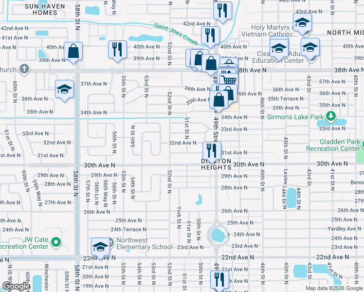 map of restaurants, bars, coffee shops, grocery stores, and more near 3201 51st Street North in St. Petersburg