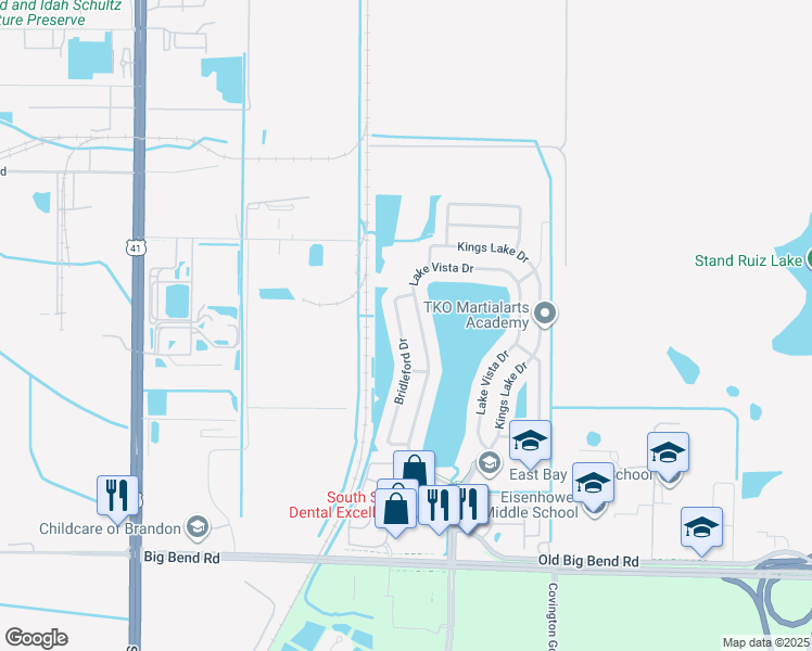 map of restaurants, bars, coffee shops, grocery stores, and more near 12924 Bridleford Drive in Gibsonton