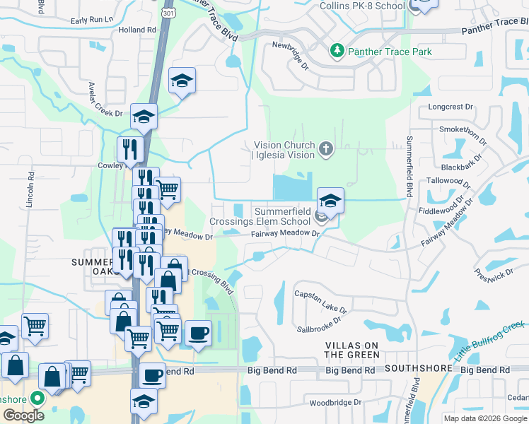 map of restaurants, bars, coffee shops, grocery stores, and more near 12909 Jessup Watch Place in Riverview