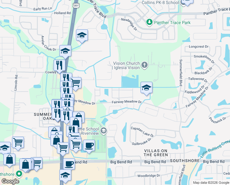 map of restaurants, bars, coffee shops, grocery stores, and more near 10810 Brickside Court in Riverview