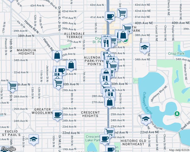 map of restaurants, bars, coffee shops, grocery stores, and more near 510 32nd Avenue North in St. Petersburg