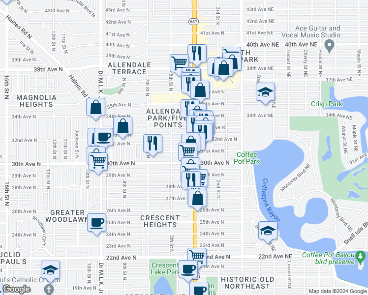 map of restaurants, bars, coffee shops, grocery stores, and more near 445 31st Avenue North in St. Petersburg