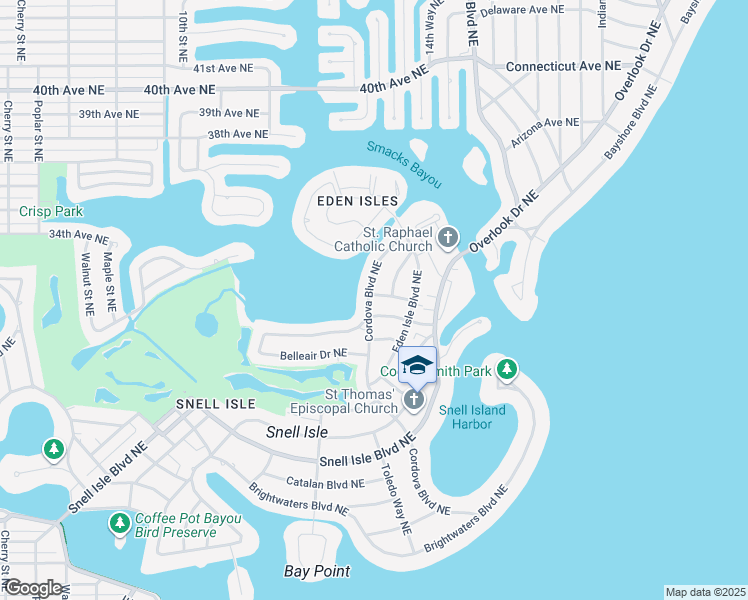 map of restaurants, bars, coffee shops, grocery stores, and more near 439 Capri Way Northeast in St. Petersburg