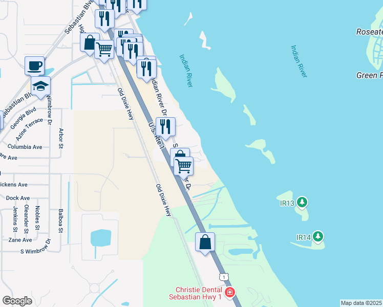 map of restaurants, bars, coffee shops, grocery stores, and more near 11330 South Indian River Drive in Sebastian