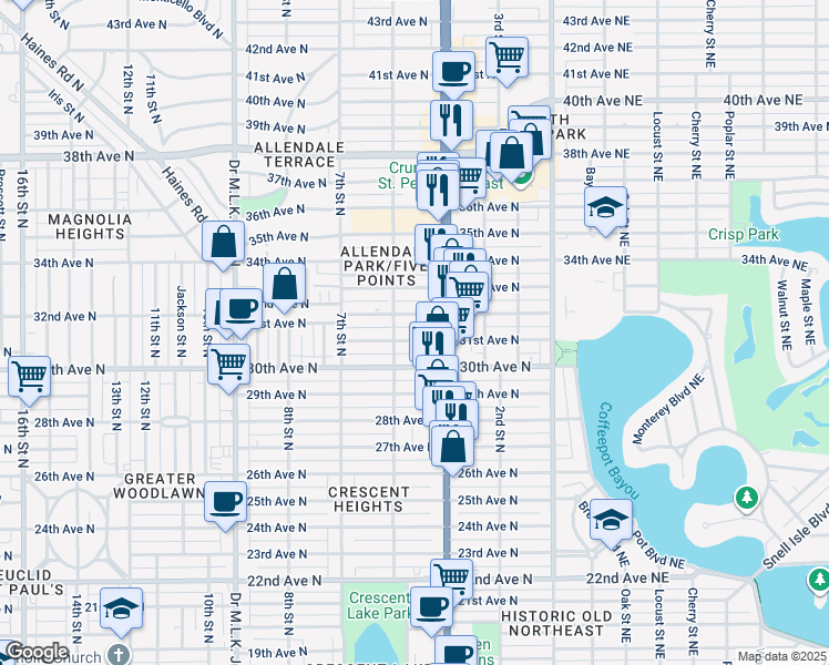 map of restaurants, bars, coffee shops, grocery stores, and more near 450 32nd Avenue North in St. Petersburg