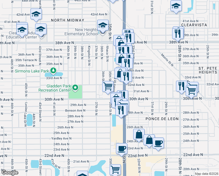 map of restaurants, bars, coffee shops, grocery stores, and more near 3480 32nd Avenue North in St. Petersburg