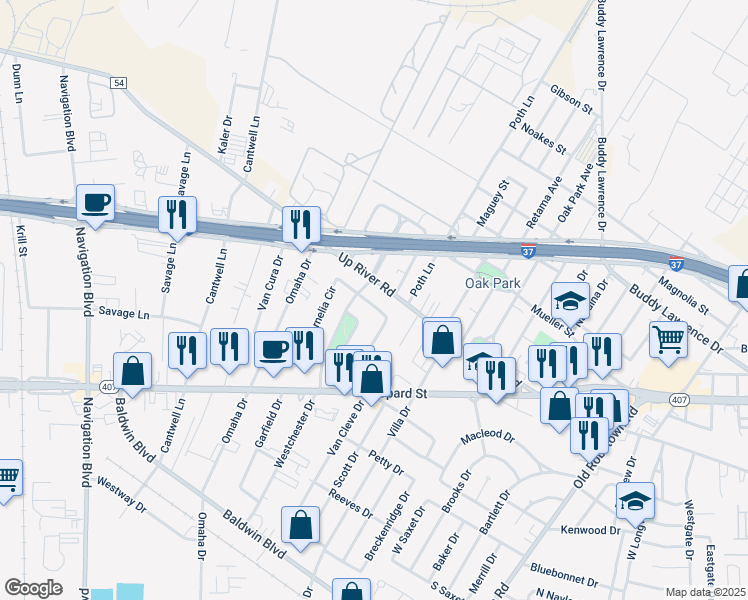 map of restaurants, bars, coffee shops, grocery stores, and more near 4400 Up River Road in Corpus Christi