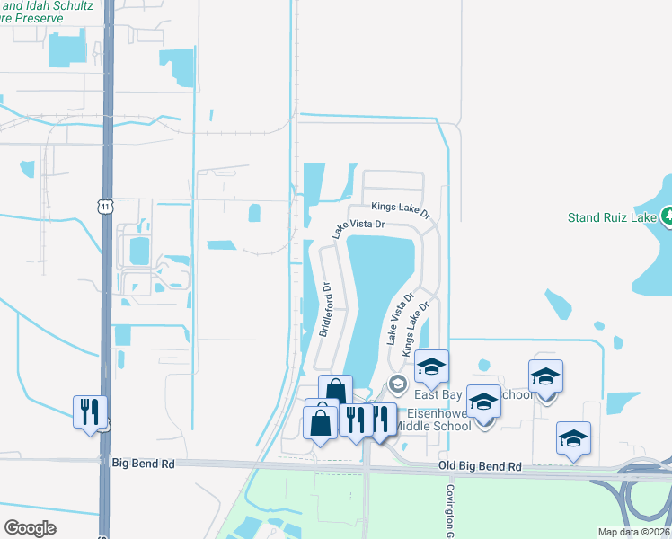 map of restaurants, bars, coffee shops, grocery stores, and more near 12918 Bridleford Drive in Gibsonton