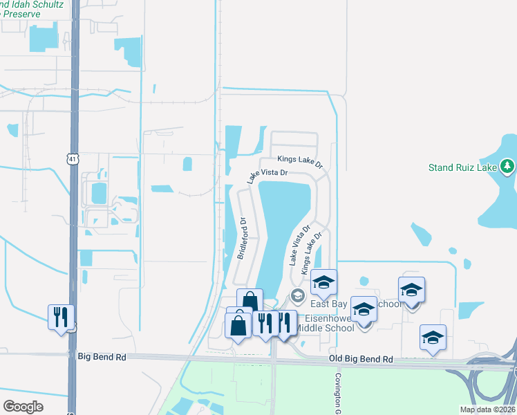 map of restaurants, bars, coffee shops, grocery stores, and more near 12629 Lake Vista Drive in Gibsonton