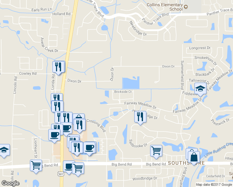 map of restaurants, bars, coffee shops, grocery stores, and more near 10810 Brickside Court in Riverview