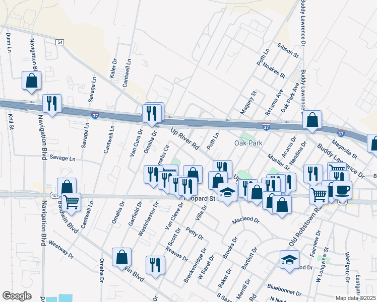 map of restaurants, bars, coffee shops, grocery stores, and more near 4400 Up River Road in Corpus Christi