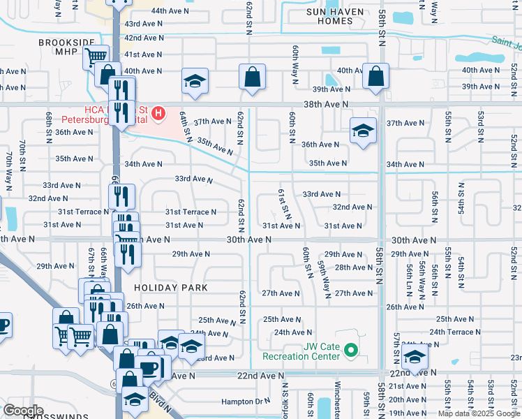 map of restaurants, bars, coffee shops, grocery stores, and more near 3195 61st Way North in St. Petersburg