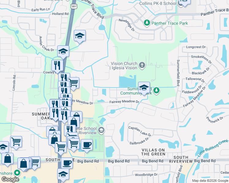 map of restaurants, bars, coffee shops, grocery stores, and more near 10810 Brickside Court in Riverview
