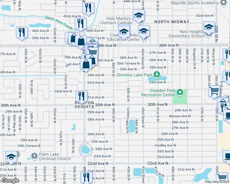 map of restaurants, bars, coffee shops, grocery stores, and more near 3160 46th Street North in St. Petersburg