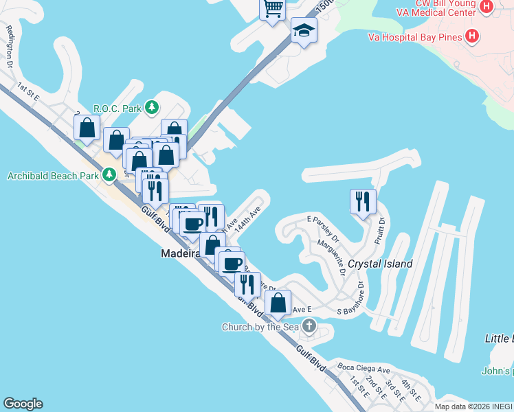 map of restaurants, bars, coffee shops, grocery stores, and more near 356 145th Avenue in Madeira Beach