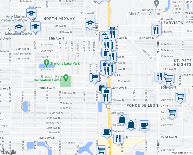 map of restaurants, bars, coffee shops, grocery stores, and more near 3480 32nd Avenue North in St. Petersburg