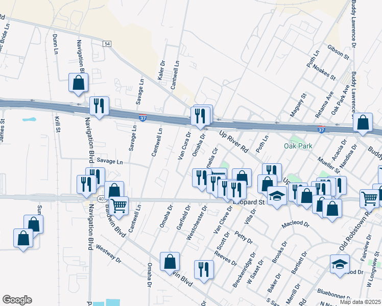 map of restaurants, bars, coffee shops, grocery stores, and more near 847 Omaha Drive in Corpus Christi