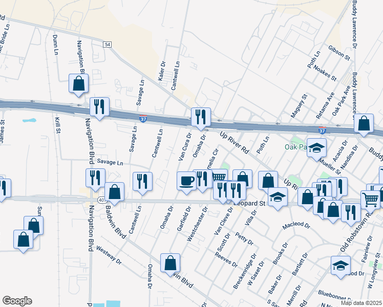 map of restaurants, bars, coffee shops, grocery stores, and more near 847 Omaha Drive in Corpus Christi