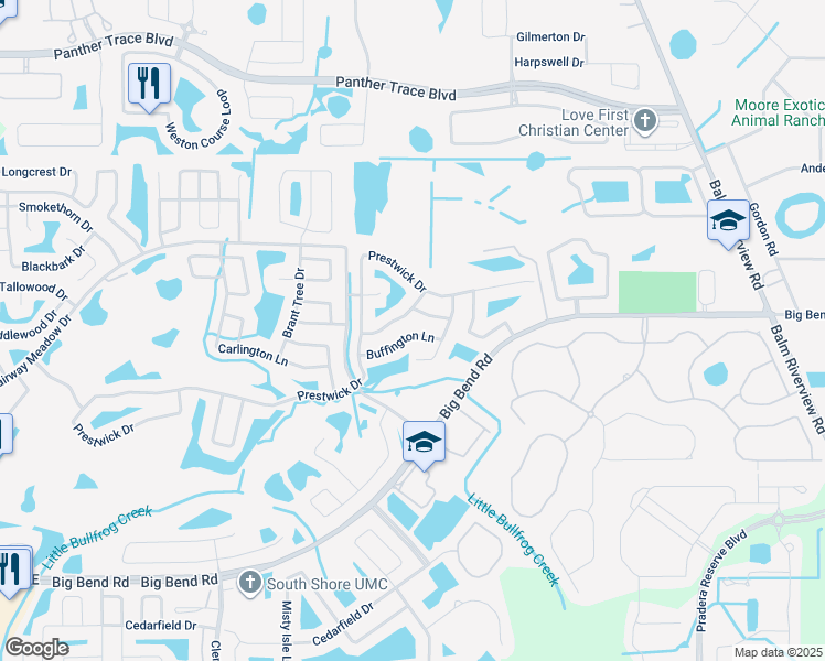 map of restaurants, bars, coffee shops, grocery stores, and more near 12130 Buffington Lane in Riverview