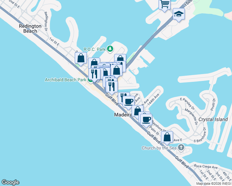 map of restaurants, bars, coffee shops, grocery stores, and more near 14981 East 1st Street in Madeira Beach