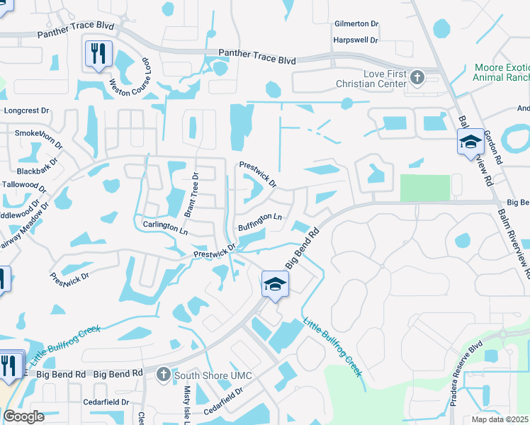 map of restaurants, bars, coffee shops, grocery stores, and more near 12115 Feldwood Creek Lane in Riverview
