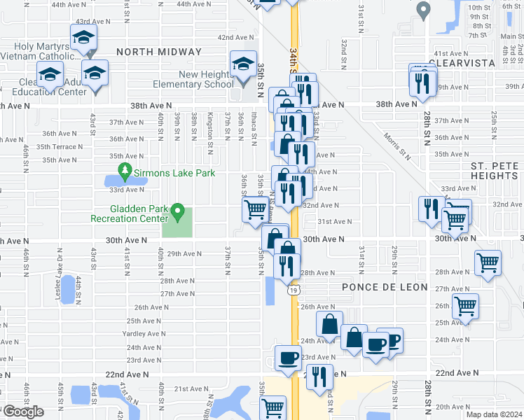 map of restaurants, bars, coffee shops, grocery stores, and more near 3480 32nd Avenue North in St. Petersburg