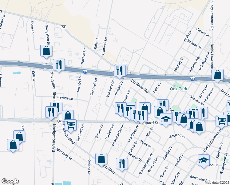 map of restaurants, bars, coffee shops, grocery stores, and more near 847 Omaha Drive in Corpus Christi