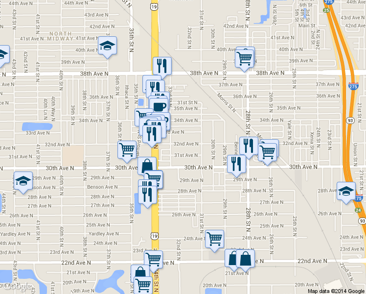 map of restaurants, bars, coffee shops, grocery stores, and more near 3212 32nd Avenue North in St. Petersburg
