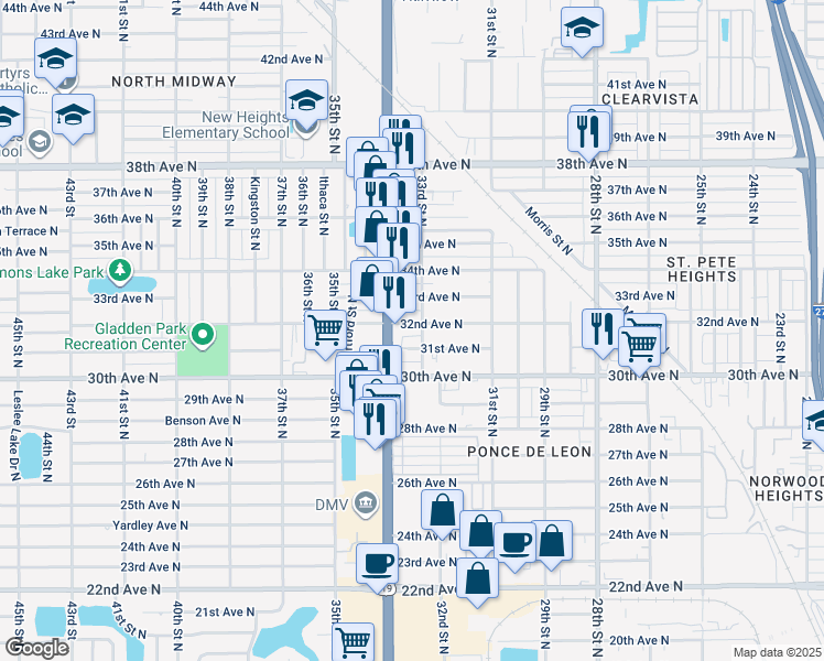 map of restaurants, bars, coffee shops, grocery stores, and more near 3312 32nd Avenue North in St. Petersburg