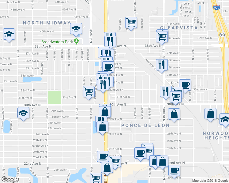 map of restaurants, bars, coffee shops, grocery stores, and more near 3312 32nd Avenue North in St. Petersburg