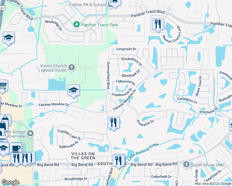 map of restaurants, bars, coffee shops, grocery stores, and more near 11206 Fiddlewood Drive in Riverview